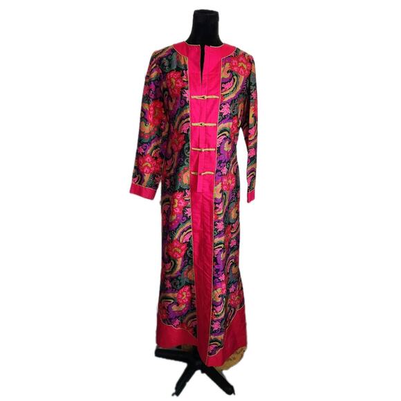 Vintage 60s Doreen Lok Floral Silk Kaftan Asian Dress READ FLAWS - Picture 1 of 13